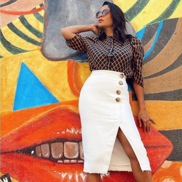 Eva Franco Anthropologie Textured Plaid Blouse Size 6 NWT Navy and Mustard - Picture 1 of 10